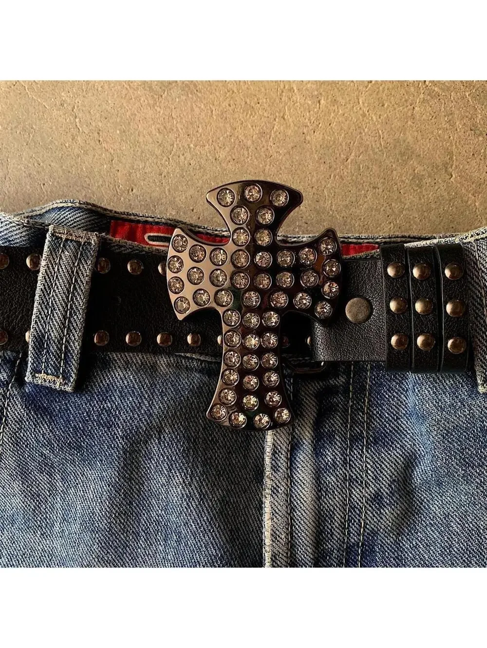 Vintage Y2K style Gothic Rhine stone studded belt buckle. 38.5 inches fits a